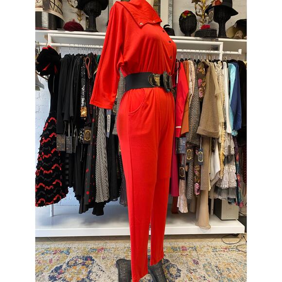 vintage 1980s red jersey jumpsuit by fantaseas medium snap front avant garde 80s - Picture 4 of 10